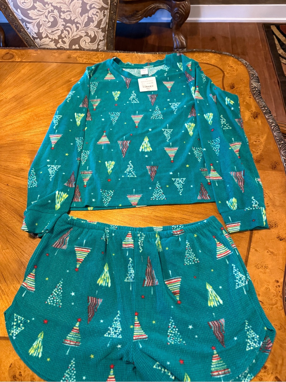 Women's Teal Christmas Tree Pajama Set - Long Sleeve Top & Shorts